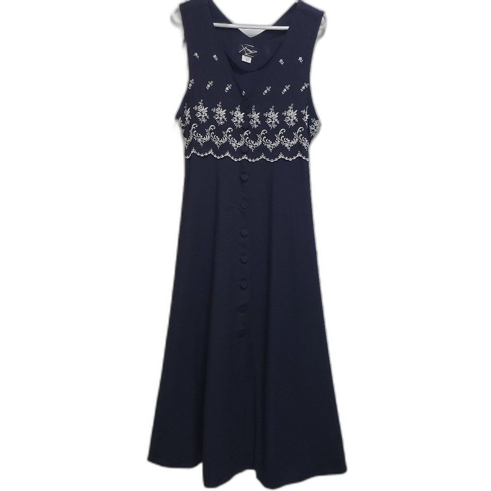 XTRMZ Navy White Embroidered Sleeveless V Neck Maxi Dress Sz 9 Junior Y2K Boho